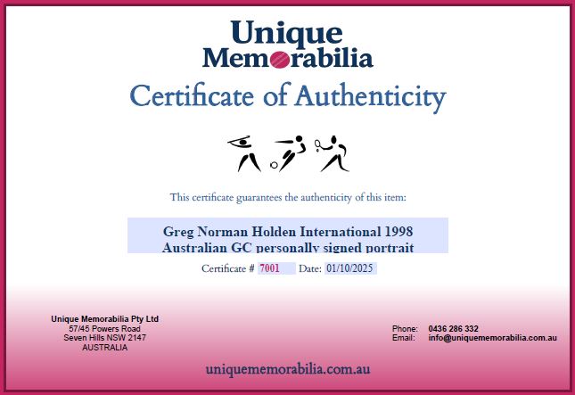 Load image into Gallery viewer, Certificate of Authenticity for Greg Norman Holden International 1998 Signed Collage, from Unique Memorabilia. 

