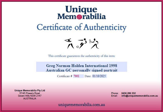 Certificate of Authenticity for Greg Norman Holden International 1998 Signed Collage, from Unique Memorabilia. 