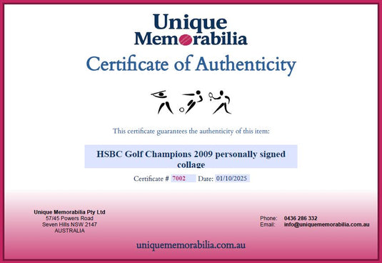 Certificate of Authenticity for HSBC Champions Shanghai 2009 incl. Woods, Mickelson and More! From Unique Memorabilia. 