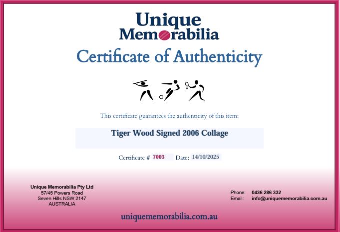 Load image into Gallery viewer, Certificate of Authenticity for Tiger Woods 2006 Signed Collage, from Unique Memorabilia. 
