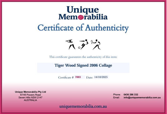 Certificate of Authenticity for Tiger Woods 2006 Signed Collage, from Unique Memorabilia. 