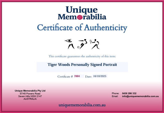 Certificate of Authenticity for Tiger Woods Personally Signed Portrait, from Unique Memorabilia. 