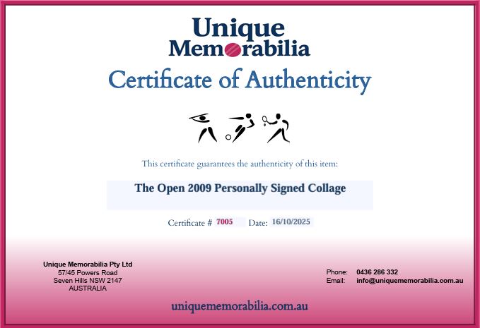 Load image into Gallery viewer, Certificate of Authenticity for The Open 2009 Personally Signed Collage incl. Woods, Norman and More! From Unique Memorabilia. 
