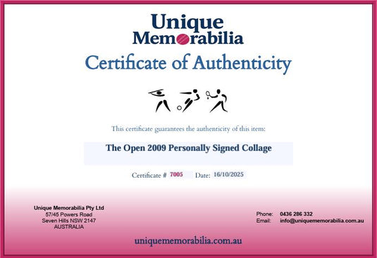 Certificate of Authenticity for The Open 2009 Personally Signed Collage incl. Woods, Norman and More! From Unique Memorabilia. 