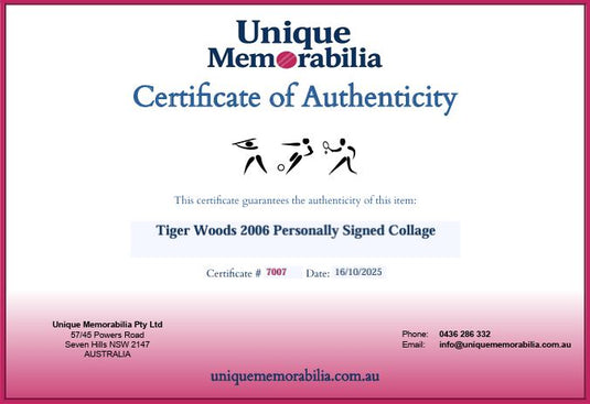 Certificate of Authenticity for Tiger Woods 2006 Personally Signed Collage by Unique Memorabilia.