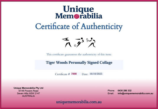 Certificate of Authenticity for Tiger Woods 'One of the Greatest' Personally Signed Collage, from Unique Memorabilia. 
