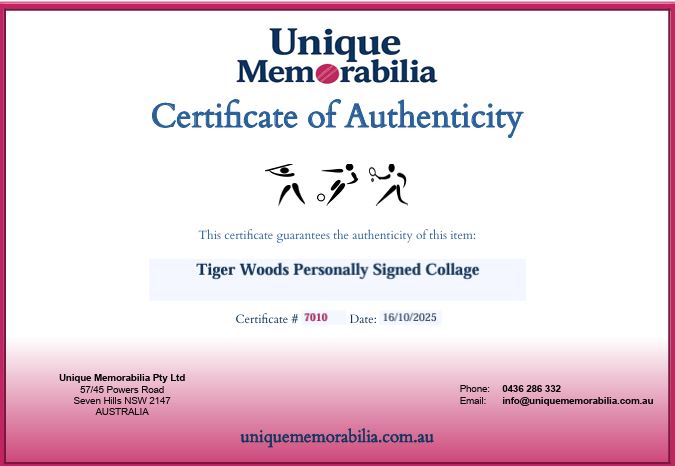 Load image into Gallery viewer, Certificate of Authenticity for Tiger Woods &#39;Legacy&#39; Personally Signed Collage, from Unique Memorabilia. 

