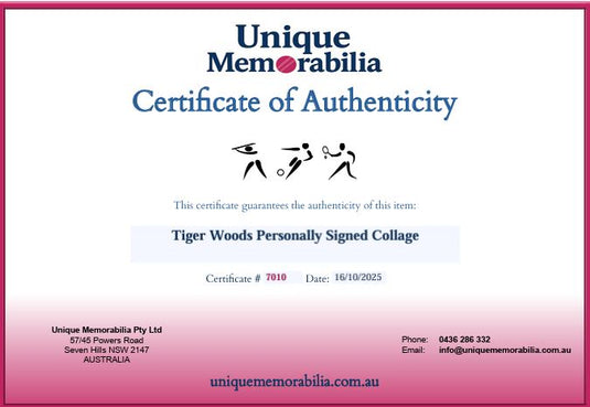 Certificate of Authenticity for Tiger Woods 'Legacy' Personally Signed Collage, from Unique Memorabilia. 