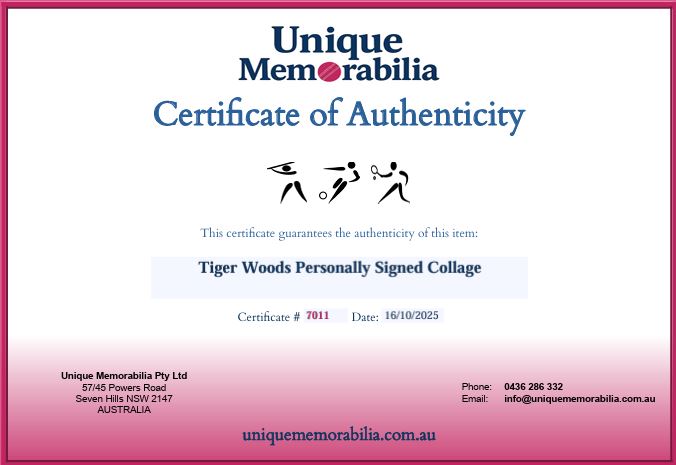 Load image into Gallery viewer, Certificate of Authenticity for Tiger Woods Personally Signed Collage, from Unique Memorabilia. 
