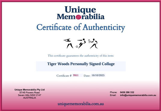 Certificate of Authenticity for Tiger Woods Personally Signed Collage, from Unique Memorabilia. 