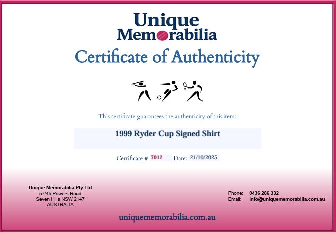 Load image into Gallery viewer, Certificate of Authenticity for 1999 Ryder Cup Signed Shirt incl. Woods, Westwood and More! From Unique Memorabilia. 
