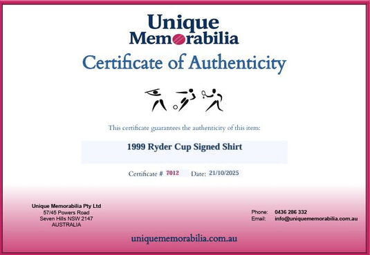 Certificate of Authenticity for 1999 Ryder Cup Signed Shirt incl. Woods, Westwood and More! From Unique Memorabilia. 