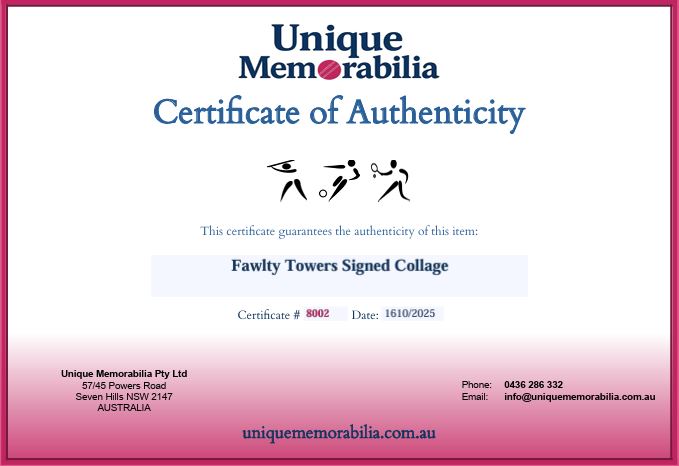 Load image into Gallery viewer, Certificate of Authenticity for Fawlty Towers Signed Collage by Unique Memorabilia. 
