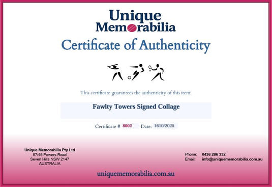 Certificate of Authenticity for Fawlty Towers Signed Collage by Unique Memorabilia. 