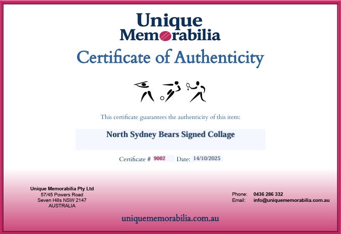 Load image into Gallery viewer, Certificate of Authenticity for North Sydney Bears Signed Collage, from Unique Memorabilia. 
