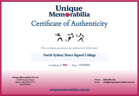 Certificate of Authenticity for North Sydney Bears Signed Collage, from Unique Memorabilia. 