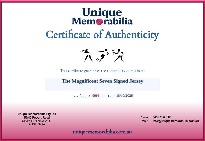 Load image into Gallery viewer, Certificate of Authenticity for &#39;The Magnificent Seven&#39; Rugby League Immortals Signed Collage, from Unique Memorabilia. 
