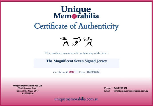 Certificate of Authenticity for 'The Magnificent Seven' Rugby League Immortals Signed Collage, from Unique Memorabilia. 