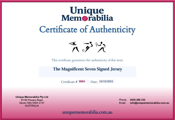 Load image into Gallery viewer, Certificate of Authenticity for &#39;The Magnificent Seven&#39; Rugby League Immortals Signed Collage, from Unique Memorabilia. 
