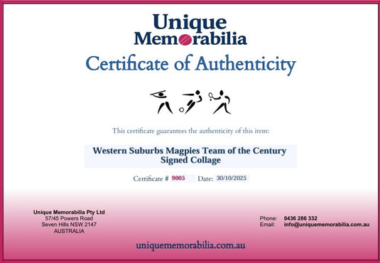 Certificate of Authenticity for Western Suburbs Magpies Team of the Century Signed Collage, from Unique Memorabilia. 
