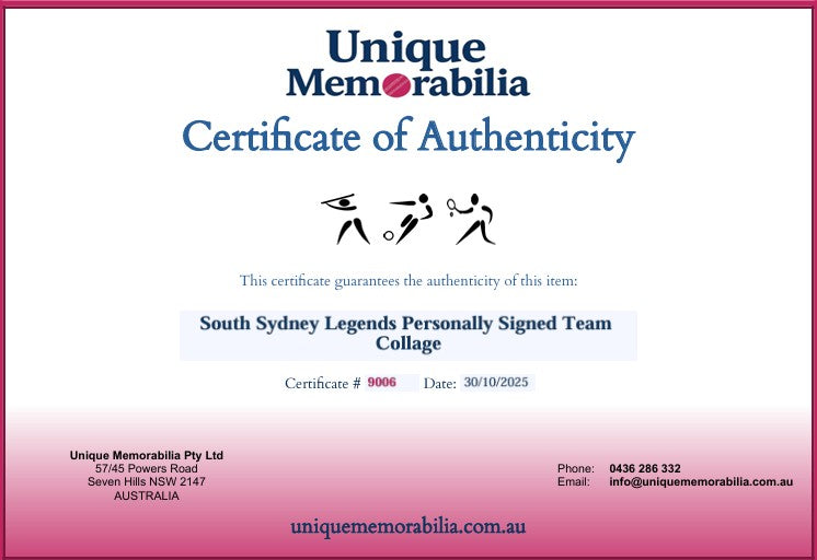Load image into Gallery viewer, Certificate of Authenticity for South Sydney Legends Personally Signed Team Collage, from Unique Memorabilia. 
