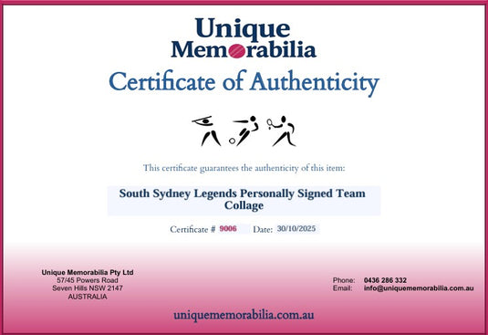 Certificate of Authenticity for South Sydney Legends Personally Signed Team Collage, from Unique Memorabilia. 