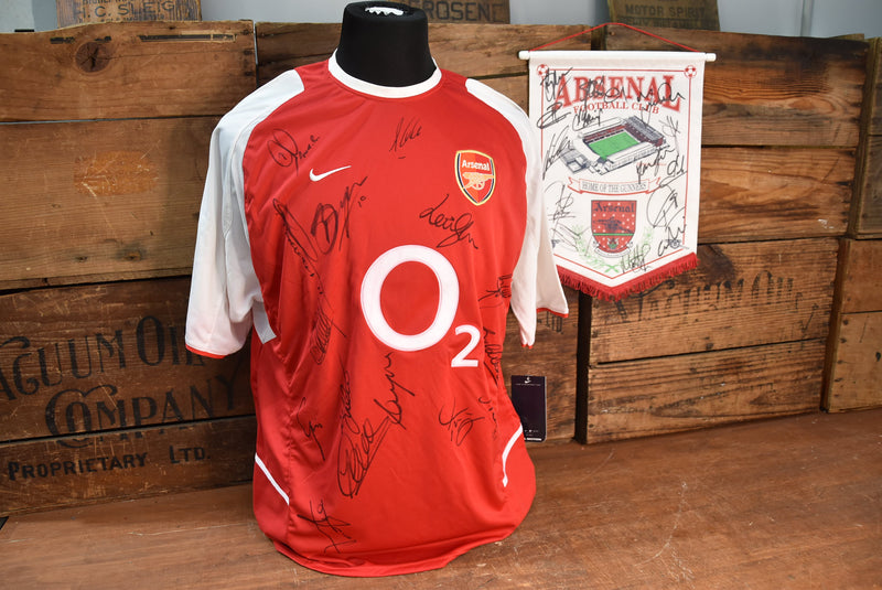 Load image into Gallery viewer, Arsenal 2002-2004 Team Signed Jersey + Bonus Signed Pennant
