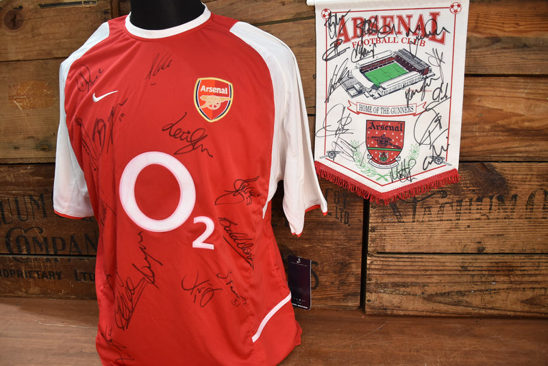 Load image into Gallery viewer, Arsenal 2002-2004 Team Signed Jersey + Bonus Signed Pennant
