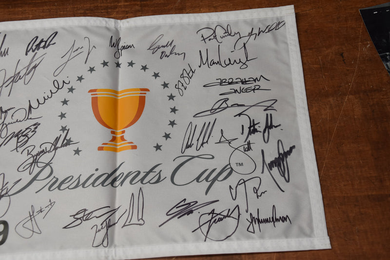 Load image into Gallery viewer, 2019 Presidents Cup Teams Signed Golf Flag Incl. Woods, Scott, Els ,De Chambeau
