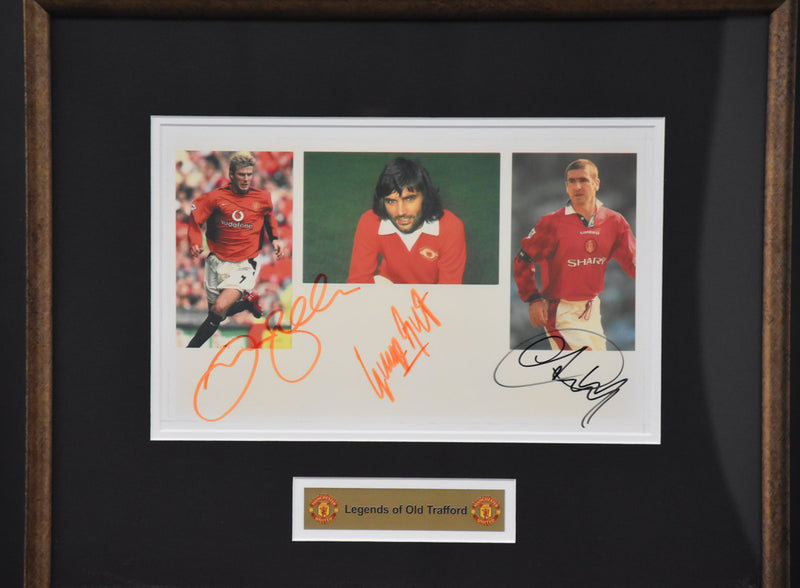 Load image into Gallery viewer, David Beckham, George Best &amp; Eric Cantona Personally Signed &quot;Old Trafford Legends&quot;
