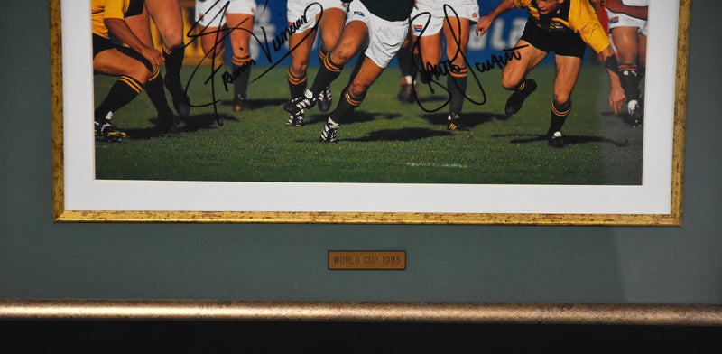 Load image into Gallery viewer, Springboks 1995 Rugby World Cup Personally Signed Piece, Framed. From Unique Memorabilia. 
