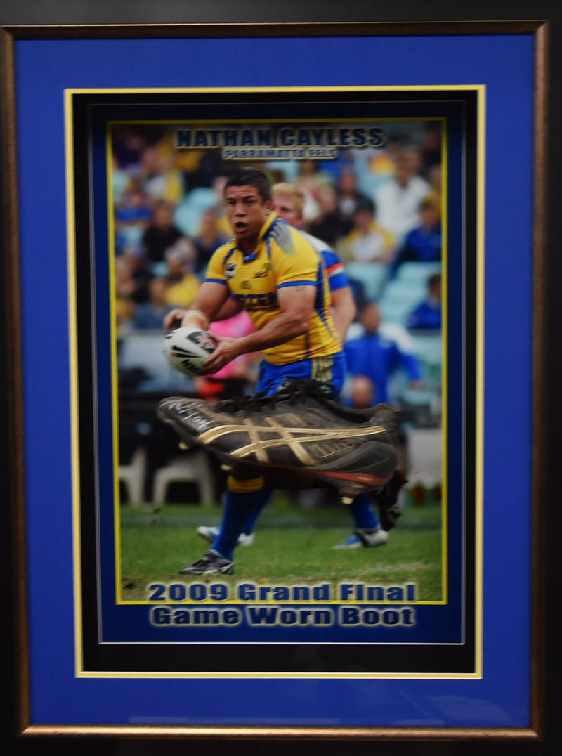Load image into Gallery viewer, Nathan Cayless Parramatta Eels 2009 Grand Final Worn Boot, Signed &amp; Framed
