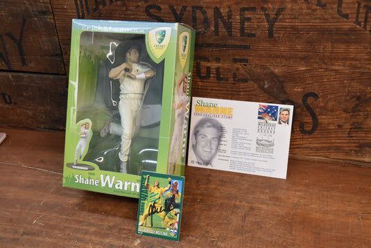 Shane Warne - Figurine New in Box, Signed Card, First Day Cover