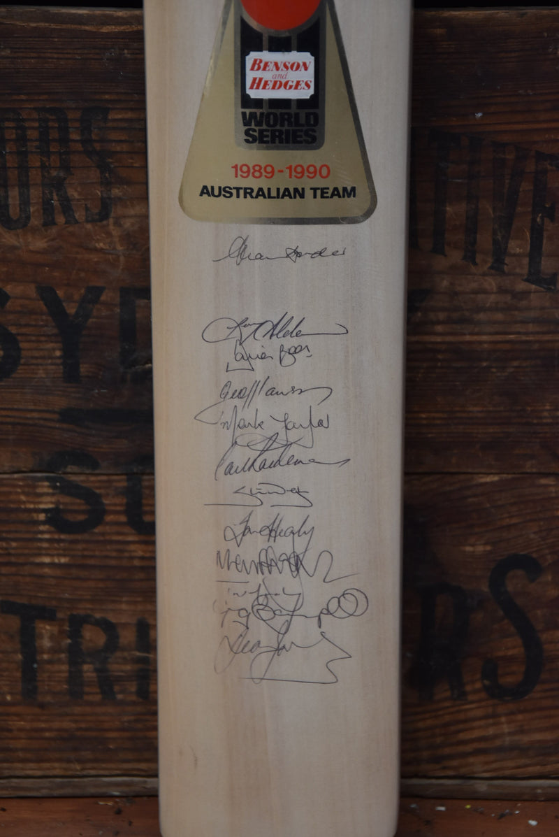 Load image into Gallery viewer, 1989/90 Team Signed Bat by Australia, Pakistan and Sri Lanka, from Unique Memorabilia. 
