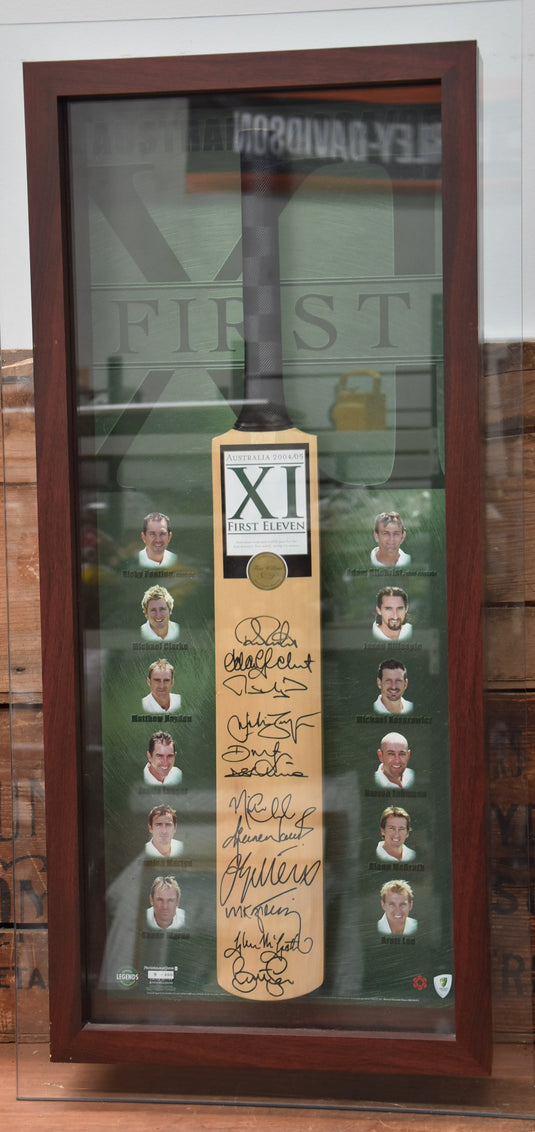 2004/05 Australia Test Team Signed Bat, Framed. From Unique Memorabilia. 