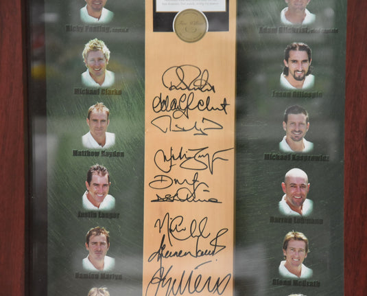 2004/05 Australia Test Team Signed Bat, Framed. From Unique Memorabilia. 