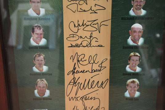 2004/05 Australia Test Team Signed Bat, Framed. From Unique Memorabilia. 