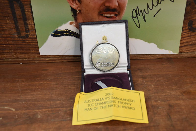Load image into Gallery viewer, Jason Gillespie, Man of the Match Medal, ICC Champions Trophy 2002
