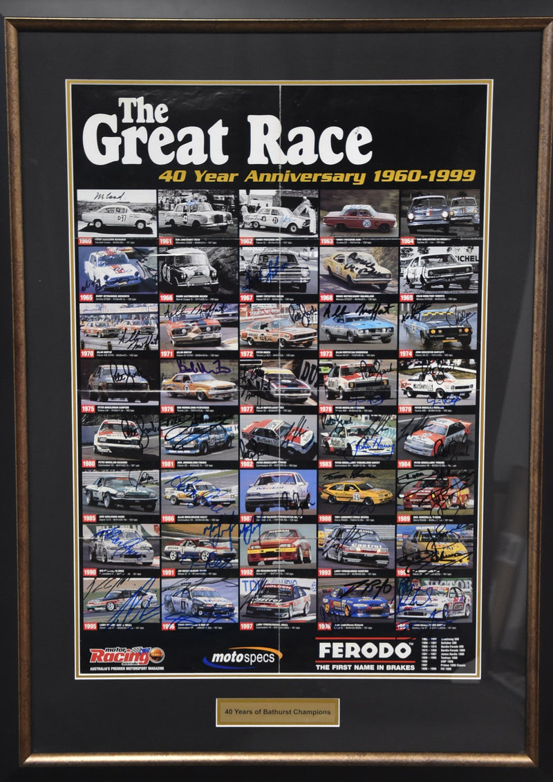 Load image into Gallery viewer,  &#39;The Great Race&#39; celebrating 40 years of Bathurst Champions, signed by Brock, Jane, Johnson, Moffat, Skaife and more! From Unique Memorabilia!
