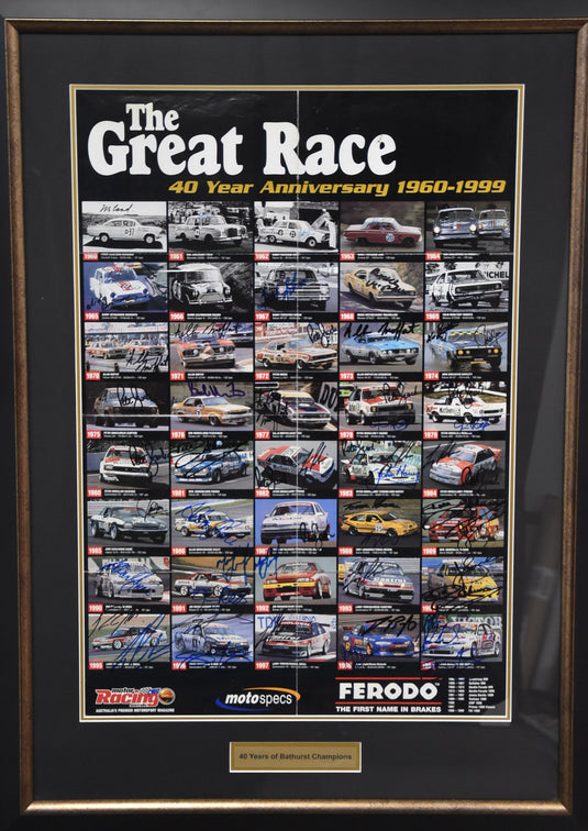  'The Great Race' celebrating 40 years of Bathurst Champions, signed by Brock, Jane, Johnson, Moffat, Skaife and more! From Unique Memorabilia!