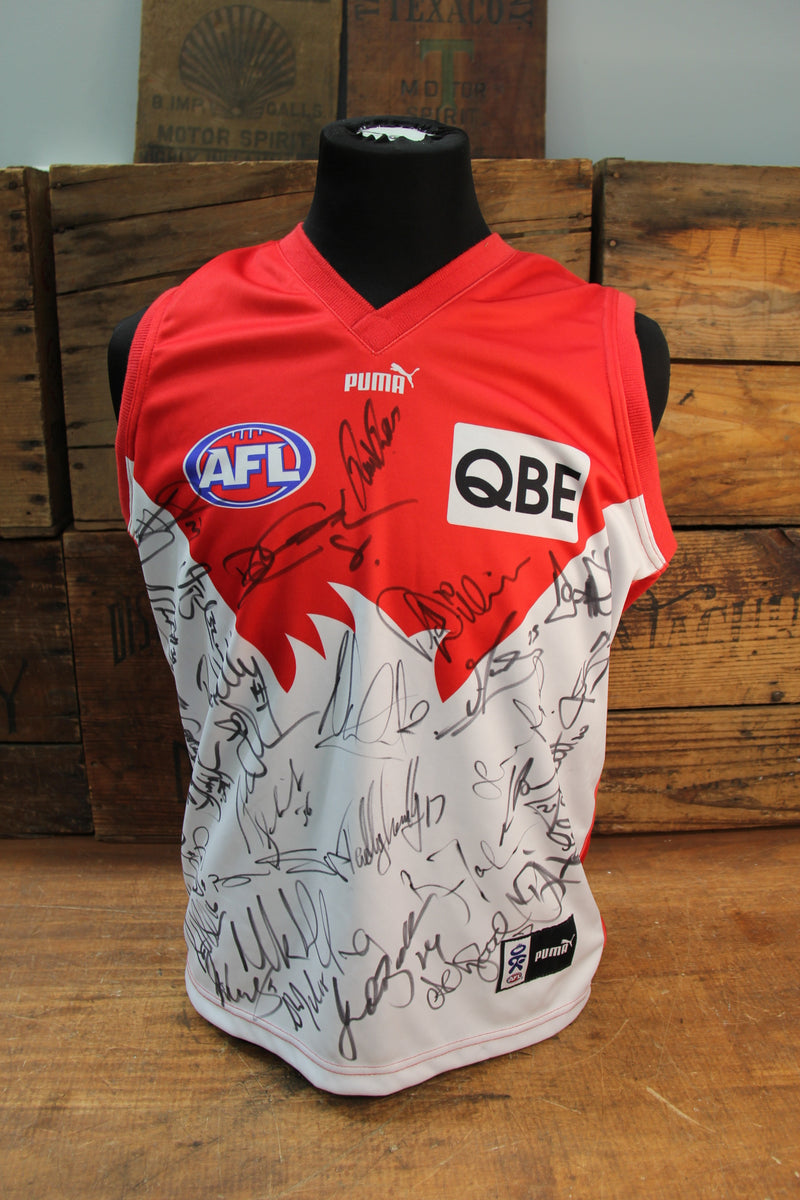 Load image into Gallery viewer, Sydney Swans 2002 Squad &amp; Coach Signed Jersey Incl. Kelly, Kirk, Roos, Hall
