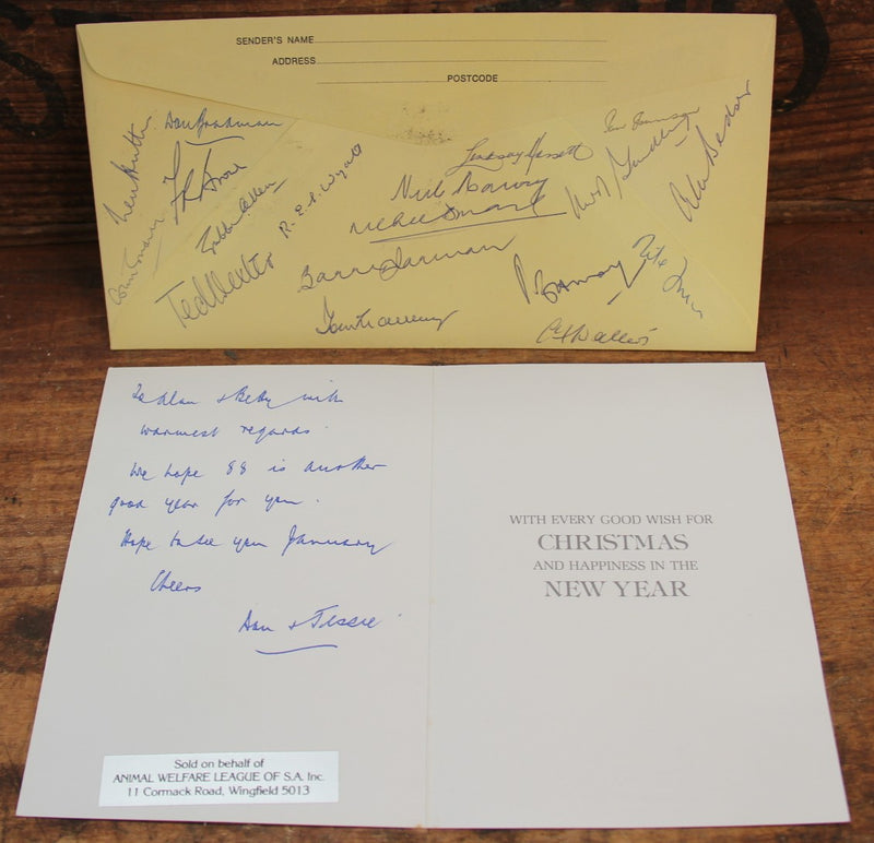 Load image into Gallery viewer, Ashes Captains Signed Collection + BONUS Bradman Christmas Card to Alan Davidson
