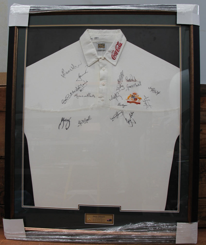 Load image into Gallery viewer, Ashes 1997 - Jason Gillespie Ashes Test Worn Shirt, Framed, Team-Signed.
