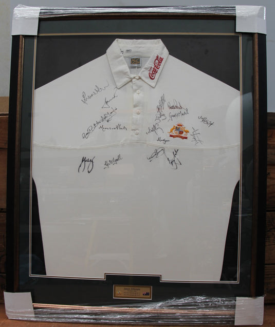 Ashes 1997 - Jason Gillespie Ashes Test Worn Shirt, Framed, Team-Signed.