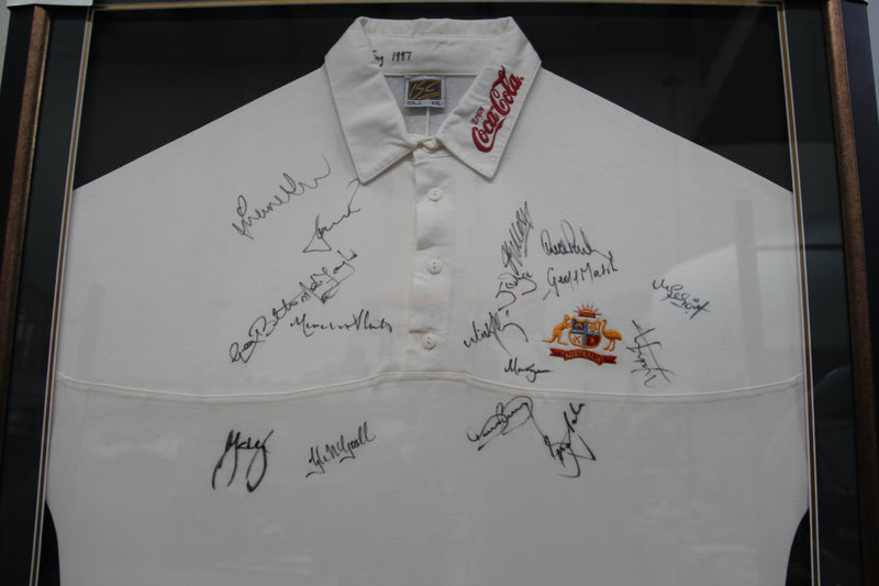 Load image into Gallery viewer, Ashes 1997 - Jason Gillespie Ashes Test Worn Shirt, Framed, Team-Signed.
