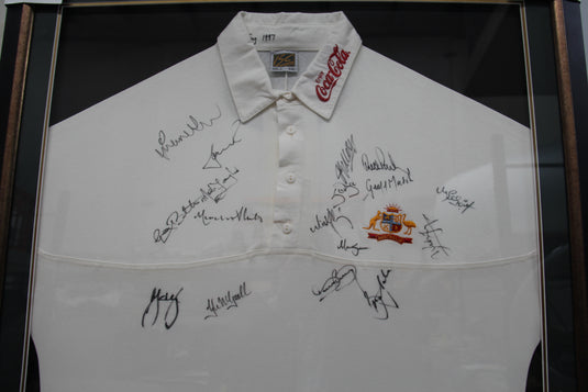 Ashes 1997 - Jason Gillespie Ashes Test Worn Shirt, Framed, Team-Signed.