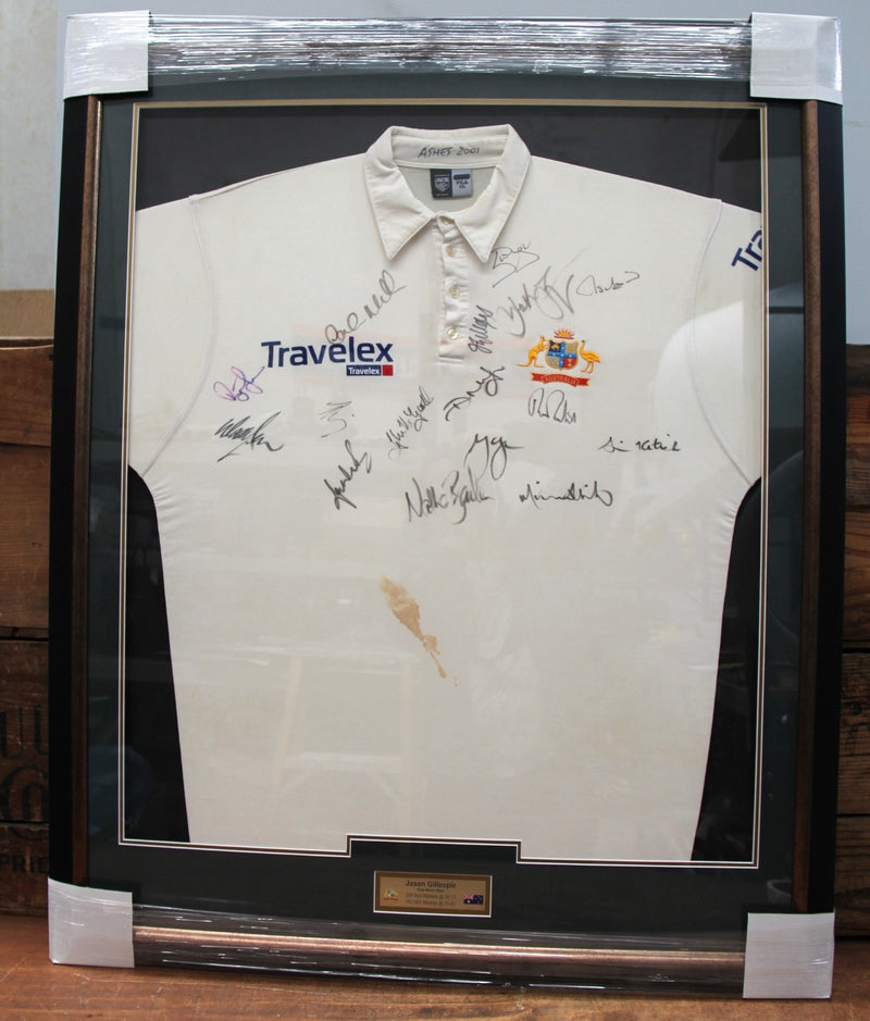 Load image into Gallery viewer, Ashes 2001 Jason Gillespie Test Worn, Team-Signed Australia Shirt - blood stained!
