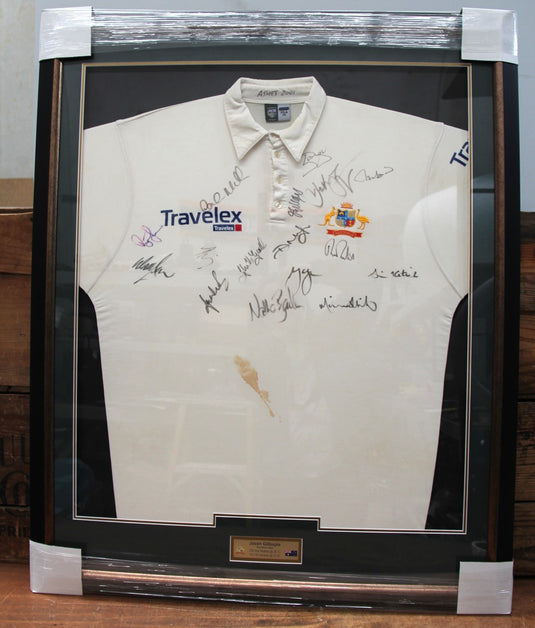 Ashes 2001 Jason Gillespie Test Worn, Team-Signed Australia Shirt - blood stained!