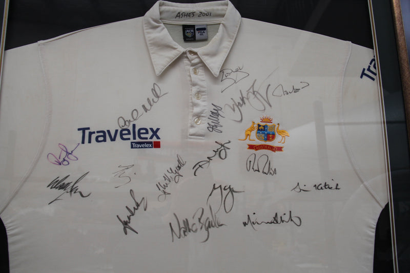 Load image into Gallery viewer, Ashes 2001 Jason Gillespie Test Worn, Team-Signed Australia Shirt - blood stained!
