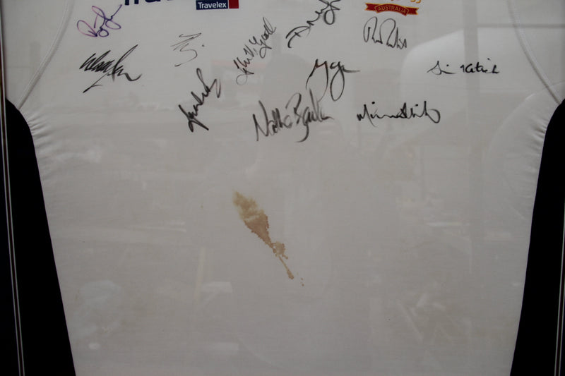 Load image into Gallery viewer, Ashes 2001 Jason Gillespie Test Worn, Team-Signed Australia Shirt - blood stained!
